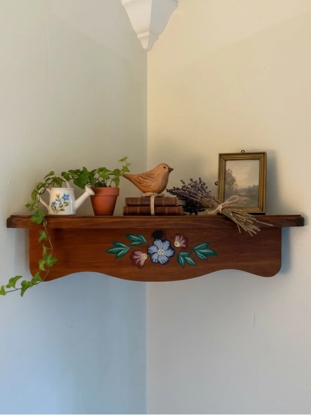 Vtg Wooden Corner Wall Shelf With Floral Design Flowers Wood Country Cottage